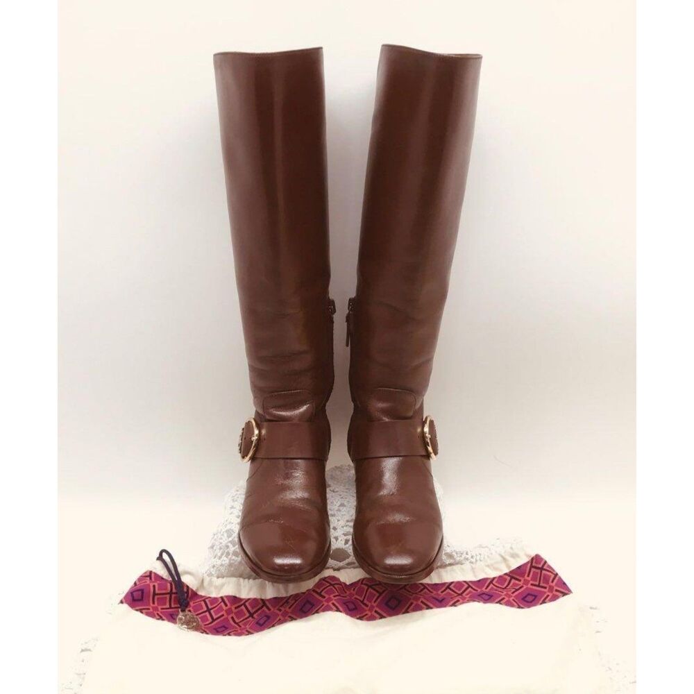 Tory Burch Sofia Brown Leather Tall Knee High Riding Boots Gold Buckle Size 5.5M